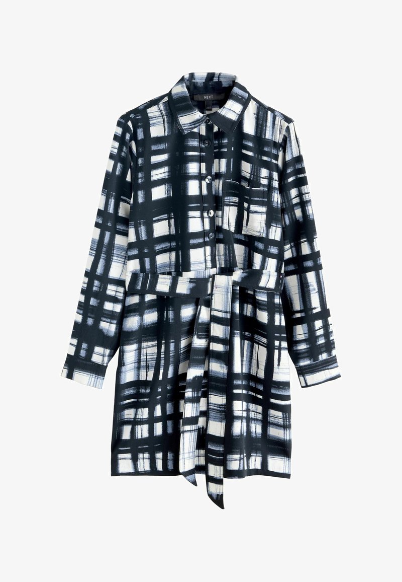 Tlačené šaty v námornej a bielej farbe, s gombíkovým zapínaním, golierom, dlhými rukávmi a viazaným pásom. Abstraktný kockovaný vzor.
