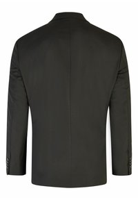 Zwarte op maat gemaakte blazer met een geknipt kraag, twee achterventilaties en knoopmanchetten, gemaakt van een soepele stof met een lichte glans.