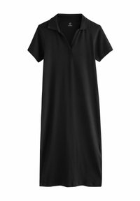 Schwarzes Polokleid aus glattem Material, mit einem Kragen, kurzen Ärmeln und einem knielangen Design ohne sichtbare Muster.