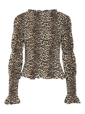 Halenka s leopardím vzorem a dlouhými, nabíranými rukávy, s nařasenou texturou, volánkovým výstřihem a rozšířenými manžetami. Převládající barvy jsou béžová a černá.