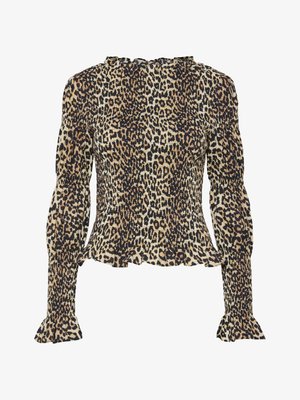Bluza s uzorkom leoparda, dugih nabranih rukava, s nabranom teksturom, volanima na dekolteu i širim manžetama. Uglavnom u bež i crnoj boji.