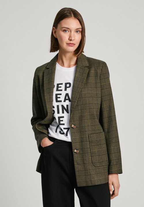 Blazer à carreaux femme avec boutons dorés élégants