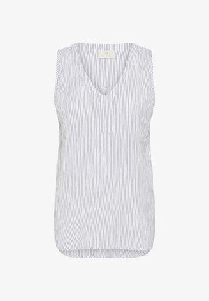 Bijela bluza bez rukava s tankim vertikalnim crnim prugama i V-izrezom, mekani materijal i ležerni kroj.