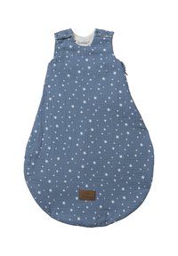 Blaues Baumwoll-Schlafsack mit weißem Sternen-Muster, abgerundete Form, ärmelloses Design und Druckknopfverschlüsse an den Schultern. Braunes Logetikett am unteren Rand.