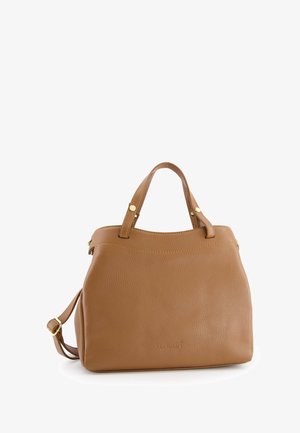 Brown leather handbag with a structured shape, two short handles, removable shoulder strap, and gold-tone hardware accents.