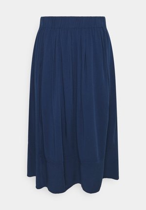 Navy blue skirt with an elastic waistband, featuring vertical pleats, a soft texture, and a flowing silhouette. Hem is rounded.
