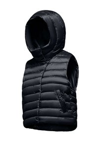Gilet imbottito nero con un ampio cappuccio, design elegante, tasche laterali e una texture lucida e trapuntata. Senza maniche, colletto alto.
