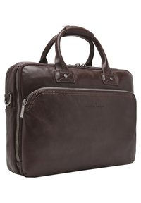Brown leather briefcase with top handles and front zip pocket. Features contrast stitching, smooth texture, and silver-tone hardware.