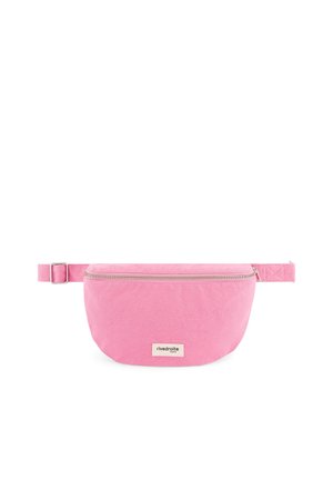 Sac banane en tissu rose avec une sangle réglable, une fermeture éclair argentée et une petite étiquette « rivedroite Paris » centrée à l'avant.