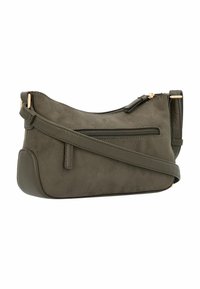 Grüne Wildleder-Schultertasche mit einem goldenen Reißverschlussakzent, einer Fronttasche und einem strukturierten Seitenpanel. Verfügt über einen langen, verstellbaren Tragegurt.