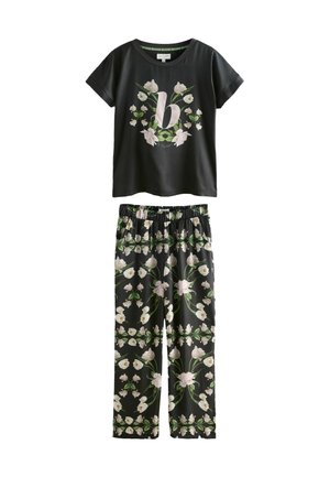 Zwart katoenen pyjama set met een top met korte mouwen met bloemenprint en bijpassende elastische broek met een bloemenpatroon.