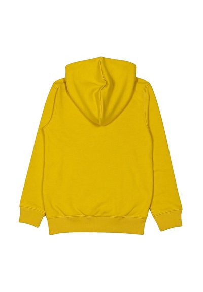 Felpa gialla con tasca a marsupio, polsini e orlo a costine, e cappuccio con una texture liscia. Design semplice e di colore unico.