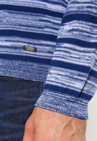 Blå och vit randig tröja med strukturerad stickning. Har en ribbad mudd och en märkesetikett "PETROL INDUSTRIES" sydd framtill.