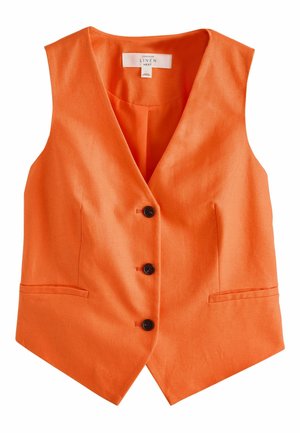 Orange ærmeløs hørvest med V-hals, tre sorte knapper foran og to små forlommer.