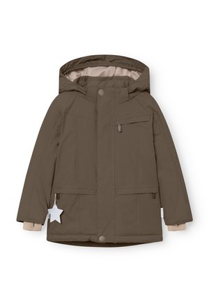 Braune isolierte Jacke mit Kapuze, Frontreißverschluss, zwei Seitentaschen und einer Brusttasche. Mit einer kontrastierenden beigen Fütterung und einem Stern-Anhänger.