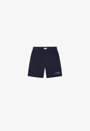 Marineblå shorts laget av mykt stoff, med elastisk midjebånd med snor, sidelommer og lys blå brodert logo.