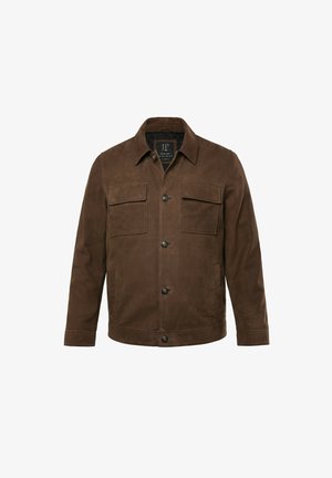 Brun læderjakke med knaplukning foran, to brystlommer og spids krave. Har en glat tekstur og et klassisk design.