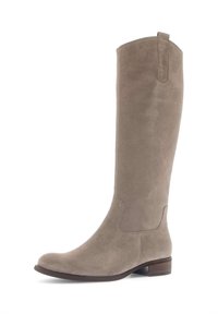 Knee-high taupe suède laarzen met een ronde neus, een lage gestapelde hak en een achterste trekband voor gemakkelijk aan- en uittrekken. Glad oppervlak met een naadloze afwerking.