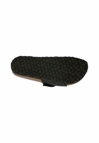 Black rubber outsole with a honeycomb texture, cork midsole, and a Velcro strap, featuring a rounded shape.