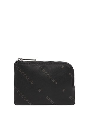 Schwarzes Leder-Münzbeutel mit silbernem Reißverschluss, geprägt mit dem Schriftzug "Liebeskind Berlin" und kleinen Bären-Logos.