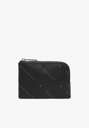 Black leather coin pouch with silver zipper, embossed with "Liebeskind Berlin" text and small bear logos.