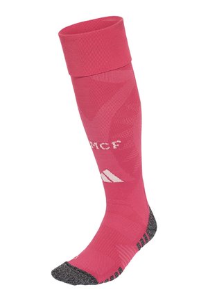 Chaussette de compression rose montant jusqu’au genou avec pointe et talon renforcés gris, logo blanc et texte sur le mollet, motif tricoté texturé sur toute la surface.