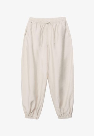 Pantaloni beige chiaro a vestibilità ampia con vita elastica, coulisse, tasche laterali e polsini elastici alle caviglie.
