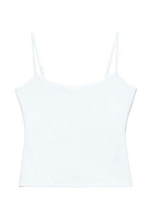 Camisole blanche sans manches, courte, avec fines bretelles réglables et un décolleté droit.