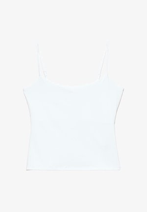 Fehér, ujjatlan, rövid top, vékony, állítható vállpántokkal és egyenes nyakkivágással.