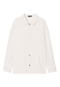 White ribbed button-up shirt made of textured fabric. Features a collar, two chest pockets, and side pockets with silver button hardware.