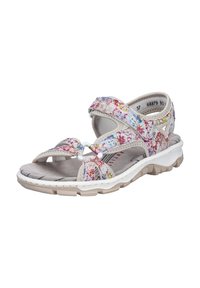 Sandale sportive pour femmes avec des brides en tissu floral multicolore, semelle blanche rembourrée et fermetures réglables à scratch sur une semelle extérieure beige.