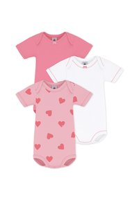 Τρία βρεφικά φορμάκια: ένα μονόχρωμο ροζ, ένα λευκό με ροζ λεπτομέρειες και ένα ροζ με σκούρα ροζ σχέδια καρδιών, όλα από απαλό βαμβακερό ύφασμα.