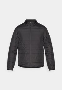 Veste matelassée noire avec col montant, fermeture à glissière et poches latérales insérées. Présente une texture matelassée avec des coutures horizontales.