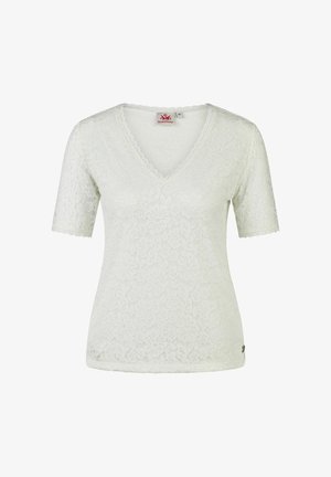 Witte kanten blouse met korte mouwen en V-hals, versierd met bloemenpatronen en gekartelde randen aan de mouwen en halslijn.