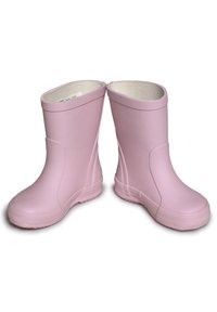 Bottes de pluie en caoutchouc roses avec une finition lisse, dotées d'un bout rond, d'une hauteur mi-mollet et d'une semelle texturée pour une meilleure adhérence.