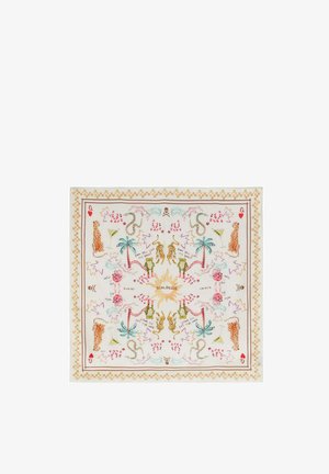 Pañuelo cuadrado con ilustraciones espejadas de tigres, guepardos, serpientes, palmeras, ranas, cócteles y el sol "Scalpers" en el centro.