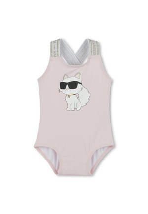 Maillot de bain une pièce rose avec un chat cartoon portant des lunettes de soleil, doté de bretelles croisées et de détails en métal contrastants le long des bretelles.