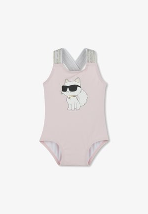 Maillot de bain une pièce rose avec un chat cartoon portant des lunettes de soleil, doté de bretelles croisées et de détails en métal contrastants le long des bretelles.