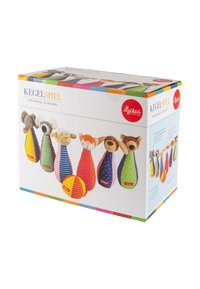 Colorful plush bowling set featuring animal-shaped pins and a ball. Made of soft fabric with various patterns, including stripes and polka dots.