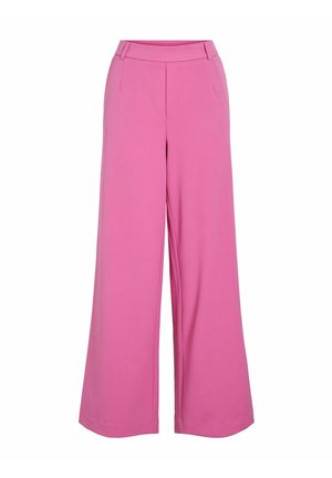 Pantalon taille haute, jambes larges, coloris rose vif uni, avec passants de ceinture et fermeture avant dissimulée.