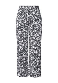 Zwart-wit gestreepte cropped broek met een zachte textuur, elastische tailleband en een decoratieve metalen accent bij de taille.