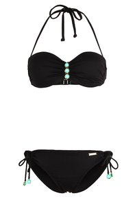 Svart bikinisett med bandeau-top som har samlet materiale og en rad av akvafargede steiner. Buksen har justerbare bånd og en gullaccent.