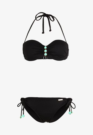 Set de bikini negru cu un top tip bandeau, care prezintă material plisat și o linie de pietre de culoare aqua. Partea de jos are legături reglabile și un accent de aur.