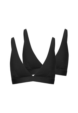 Zwei schwarze Soft-Cup-BHs mit dreieckigen Cups, breiten Schulterriemen und elastischen Unterbränden, auf weißem Hintergrund dargestellt.