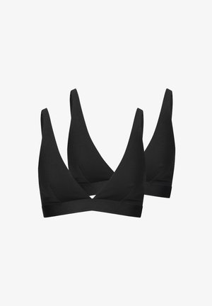 Zwei schwarze Soft-Cup-BHs mit dreieckigen Cups, breiten Schulterriemen und elastischen Unterbränden, auf weißem Hintergrund dargestellt.