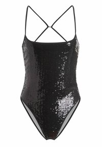 Svart, paljetterad baddräkt med tunna, korsade axelband och scoop neckline.