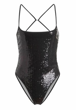 Zwarte pailletten tankini met dunne gekruiste schouderbandjes en een ronde halslijn.