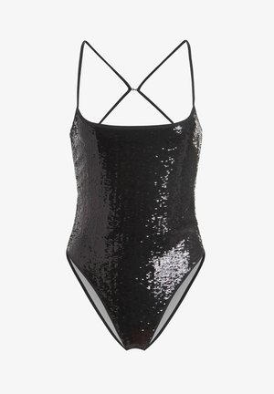 Svart, paljetterad baddräkt med tunna, korsade axelband och scoop neckline.