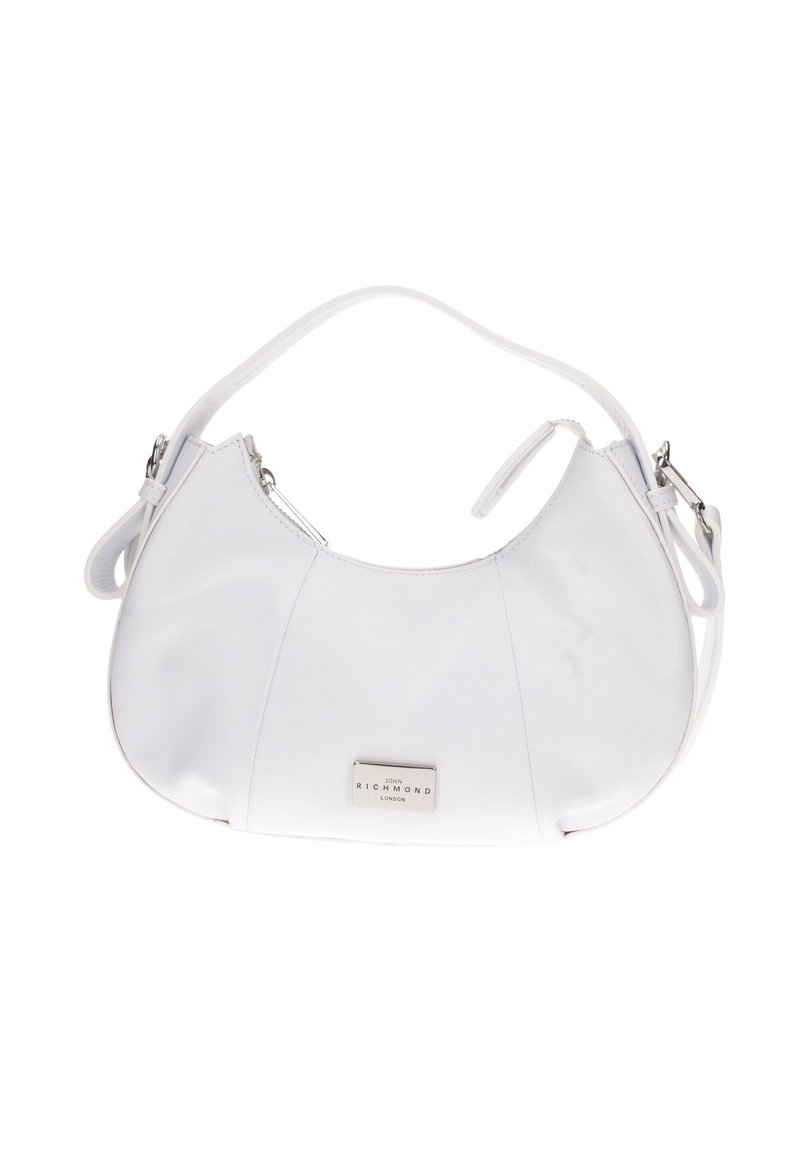 Borsa a tracolla in pelle bianca con una forma curvata, dotata di chiusura a cerniera superiore, tracolla regolabile e una placca con logo argento sul davanti.