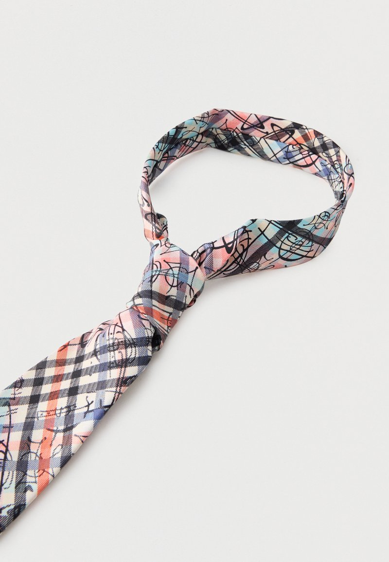 Silk necktie with abstract black line art over a pastel plaid pattern in pink, blue, orange, and white, tied in a loose knot.
